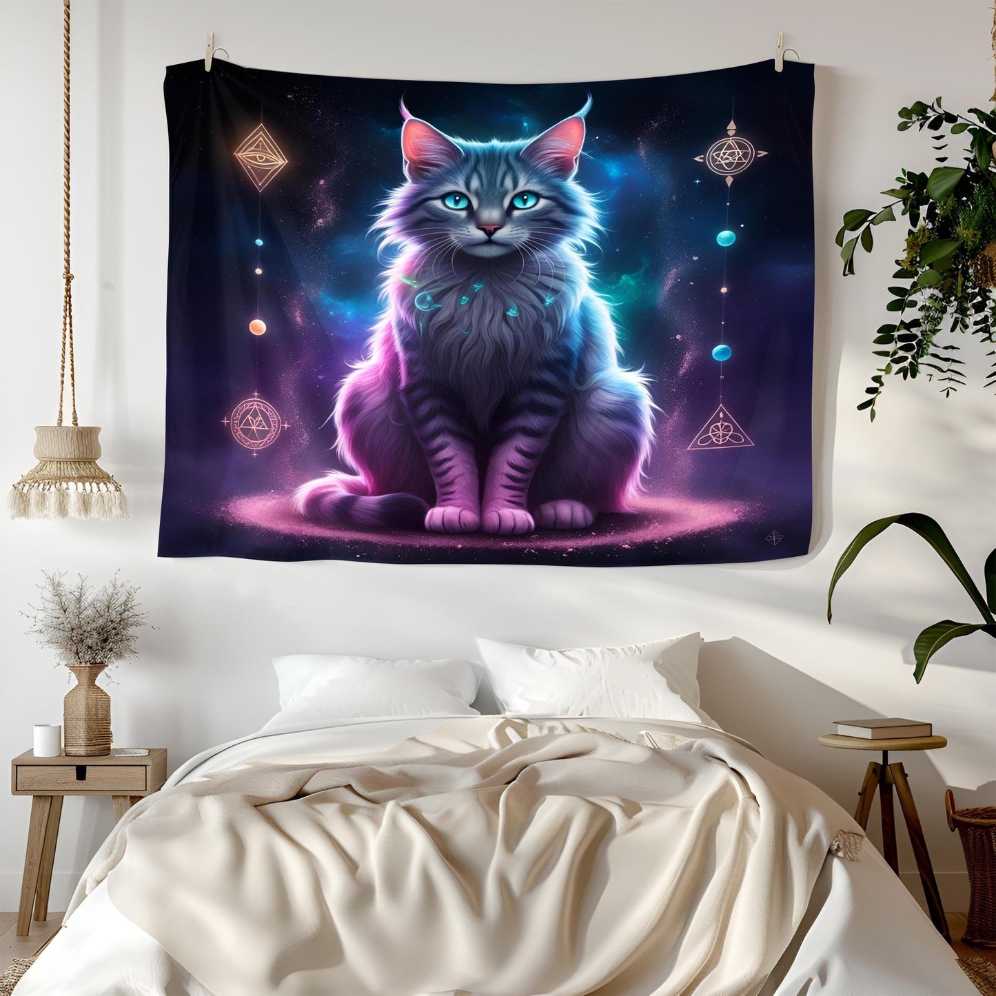 Mystical Three-Eyed Cat Tapestry, Neon Glowing Fur Art, Sacred Symbols & Cosmic Dreamscape, Trippy Psychedelic Decor , Cat Psychedelic