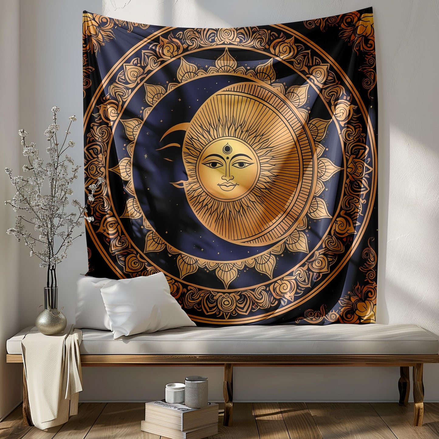Indian Mandala Tapestry Wall Hanging, Celestial Sun Moon Decor, Spiritual Meditation Room Art, Yoga Wall Decor, Astrology Bedroom Tapestry