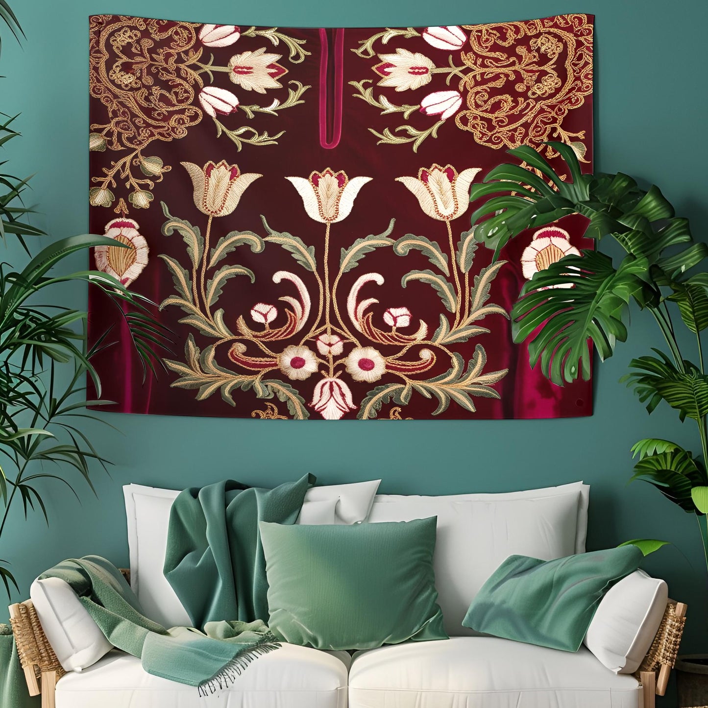 Ottoman Kaftan Embroidery Tapestry, Intricate Tulip Motifs & Golden Arabesques on Rich Velvet Textures, Luxurious Traditional Wall Art