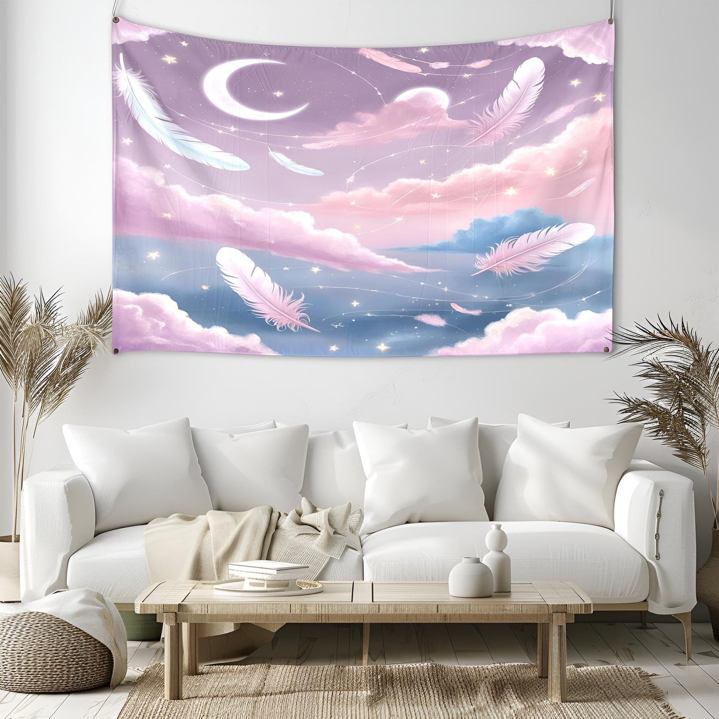 Dreamy Galaxy Tapestry with Floating Crescent Moons, Drifting Feathers, Glowing Clouds & Star Trails in Lilac Blush Pink Baby Blue