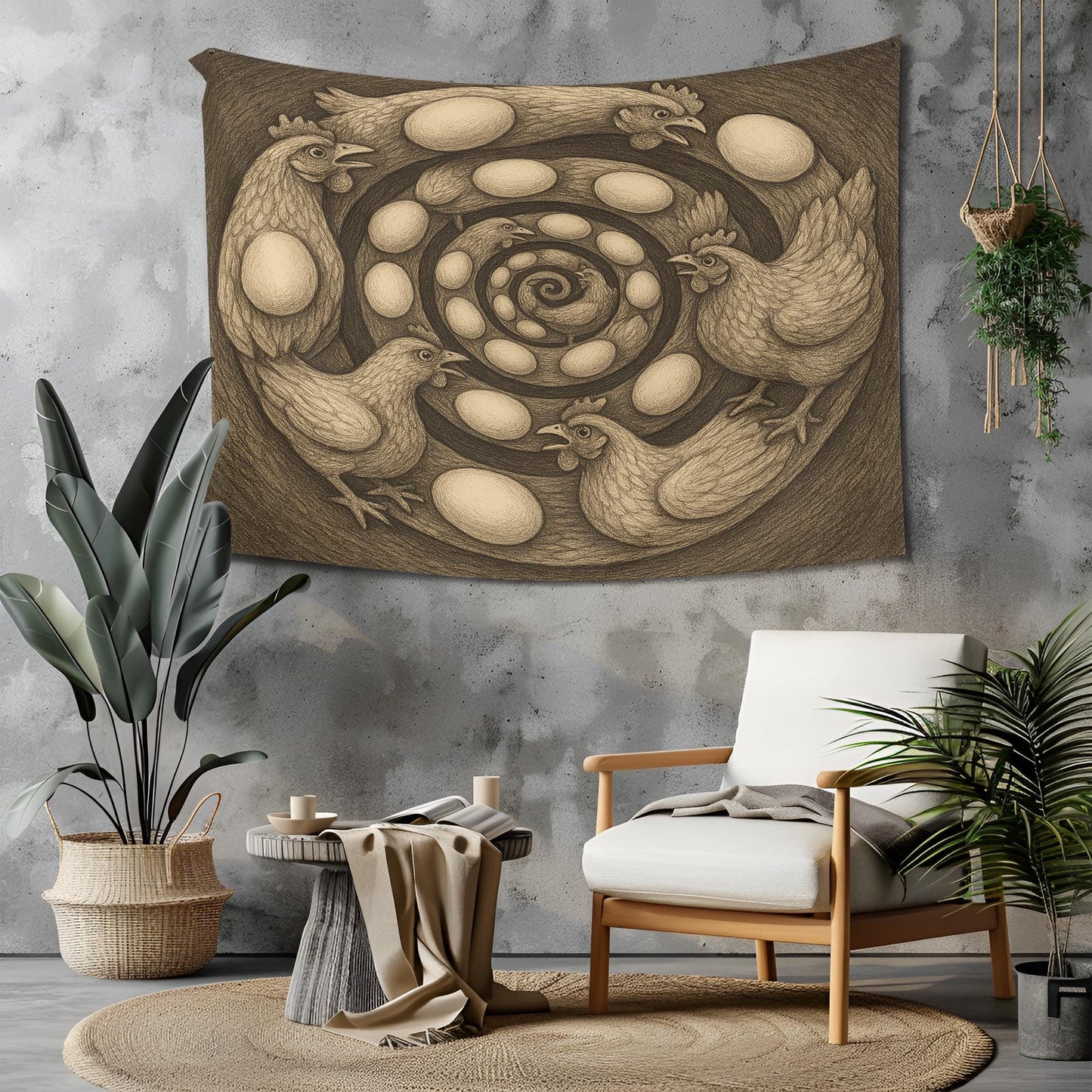 Spiral Chicken Egg Tapestry, Surreal Farmhouse Wall Art, Optical Illusion Hen Print For Kitchen, Dorm Room Or Rustic Country Home Decor