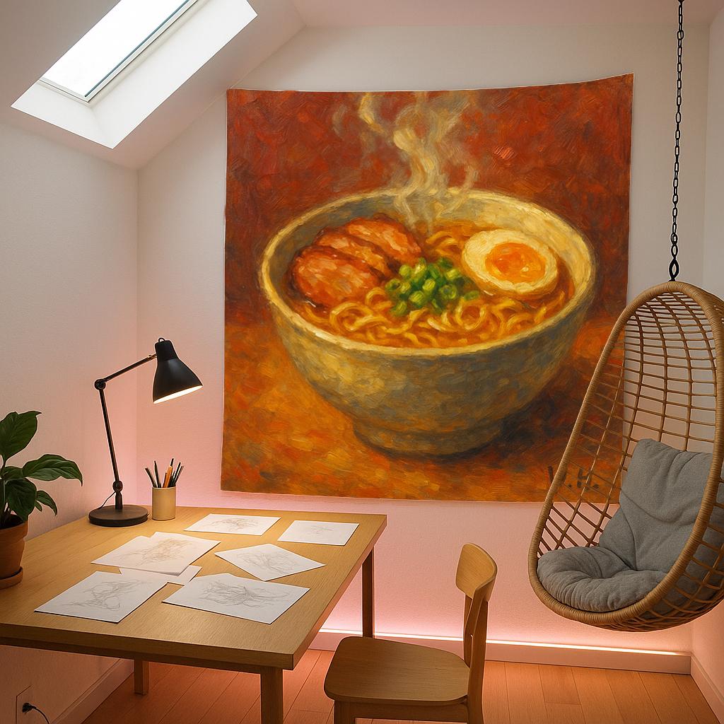 Ramen Bowl Wall Art Print, Japanese Noodle Soup Painting with Egg and Pork, Warm Kitchen Decor for Food Lovers and Ramen Enthusiasts
