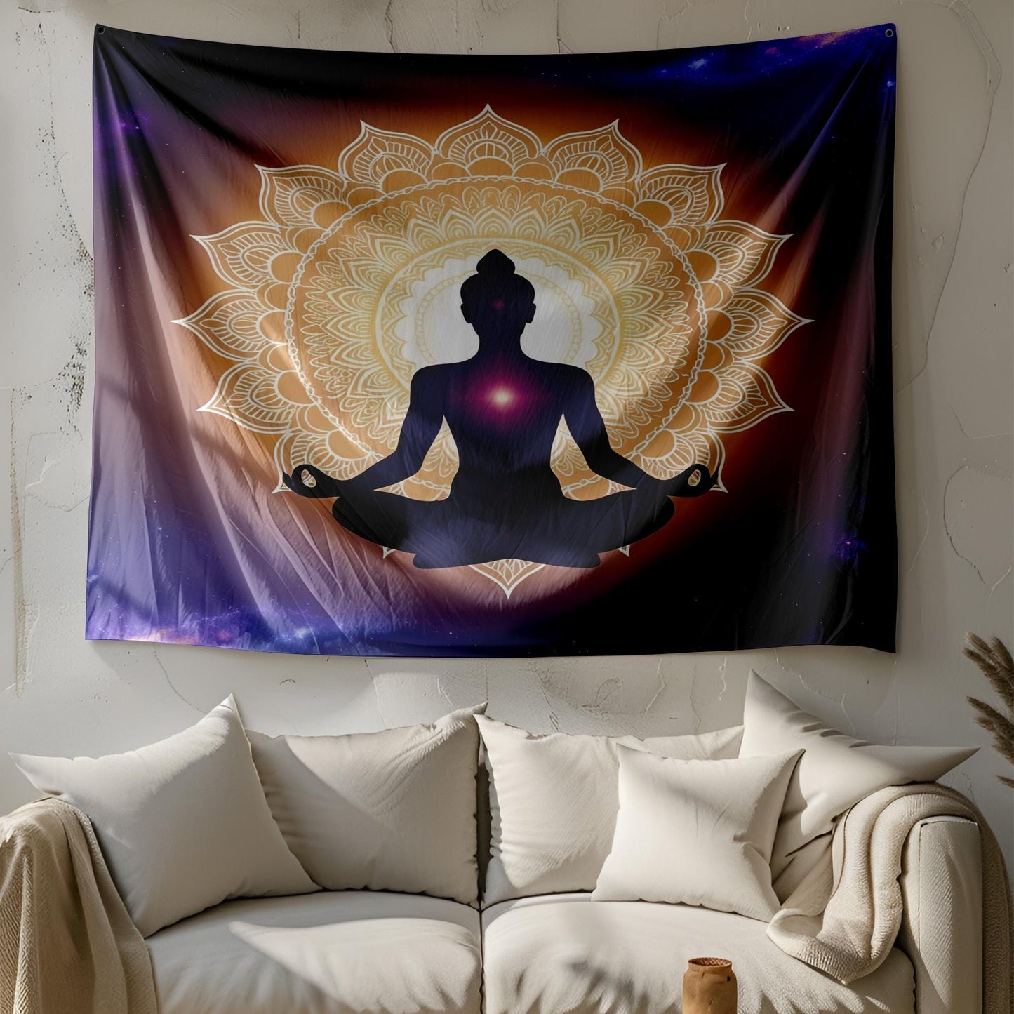 Meditating Silhouette Mandala Tapestry, Cosmic Gradient Wall Art, Indigo Violet Gold Decor, Spiritual Enlightenment Design