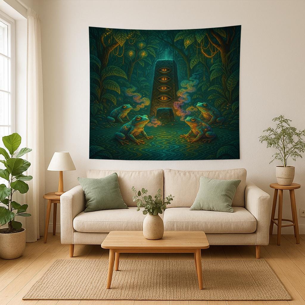 Psychedelic Frog Tapestry – Visionary Jungle Wall Art, Trippy Eye Monolith Decor, Shamanic Nature Scene, Spiritual Animal Print