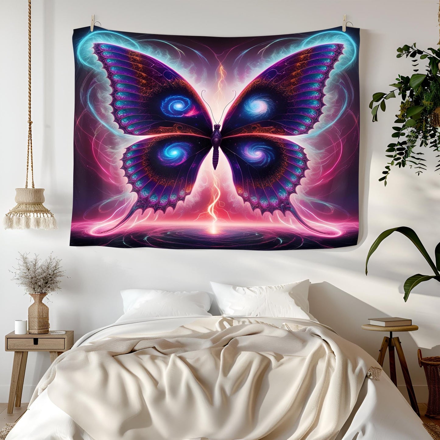 Psychedelic Galaxy Butterfly Tapestry, Neon Fractal Wings, Glowing Energy Trails, Surreal Dreamscape Wall Art, Trippy Tapestry, Psychedelic