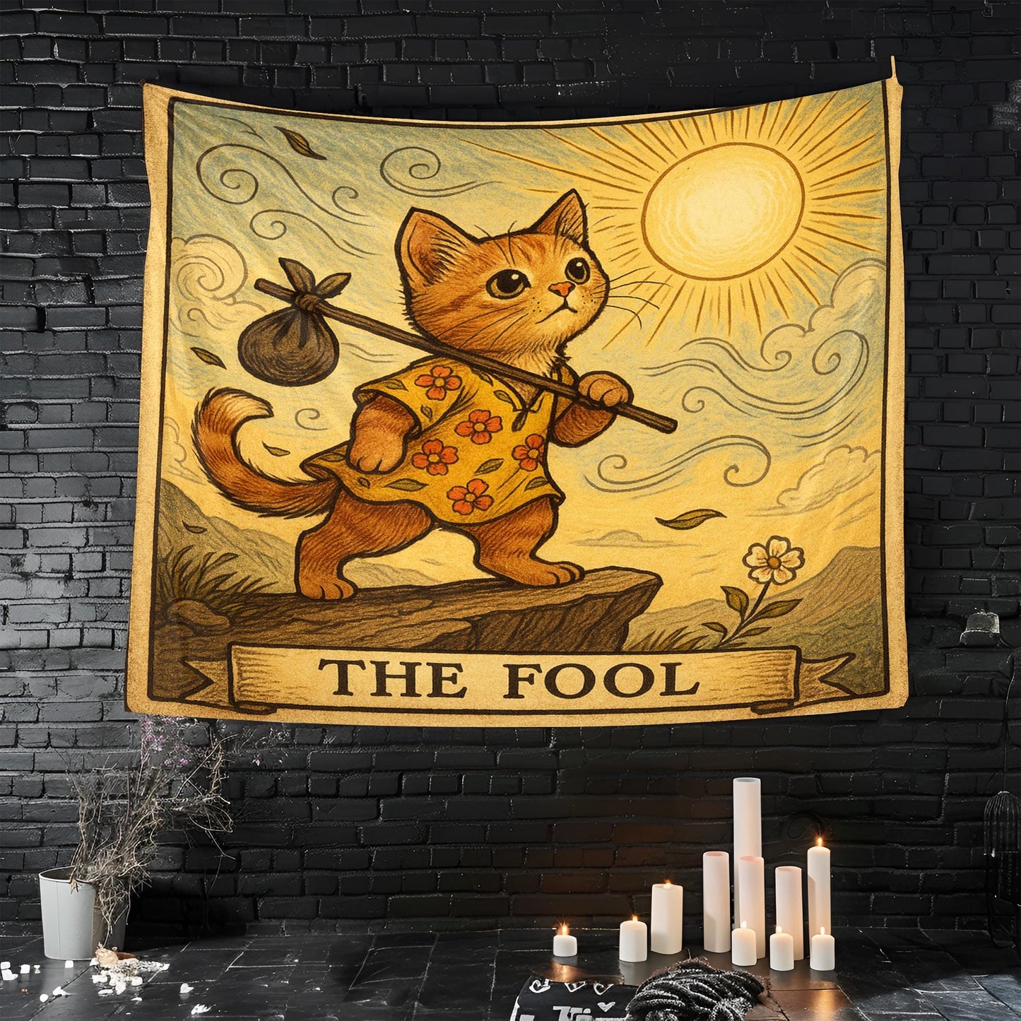 The Fool Cat Tapestry – Tarot Cat Wall Art, Playful Boho Cat Decor, Sunshine Journey Tapestry for Bedroom, Dorm or Creative Space