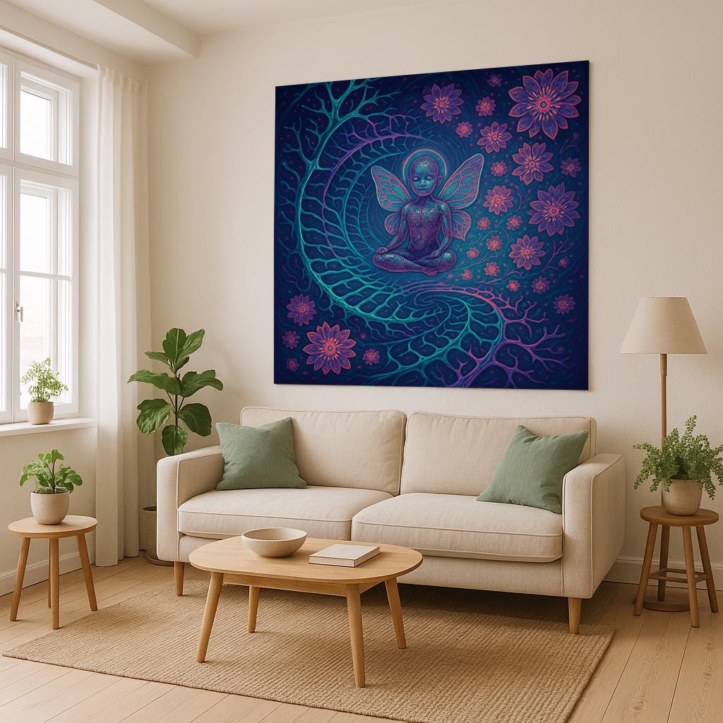 Fairy Child Tapestry – Psychedelic Meditating Kid Wall Art, Trippy Nature Spirit Decor, Mystical Flower Swirl Print, Spiritual Room Art