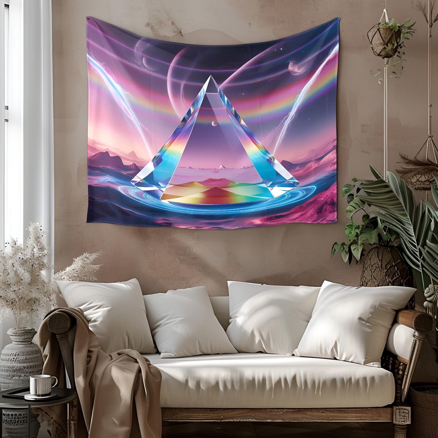 Giant Transparent Crystal Prism Tapestry, Floating in Surreal Dreamscape, Refracting Rainbow Light & Cosmic Energy Waves, Neon Psychedelic