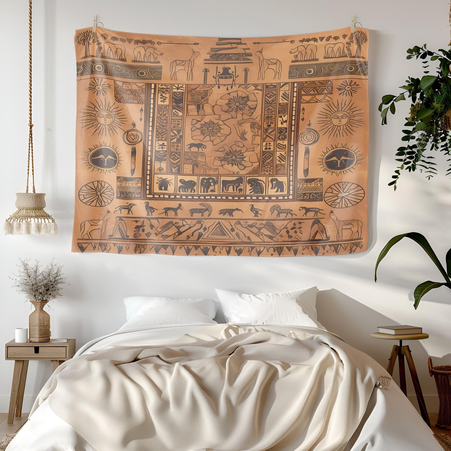 Mystical Tapestry, Ancient Stone Carving Wall Hanging, Sacred Geometric Design, Earthy Sand Tones Decor, Monument Tapestry , Gift for room