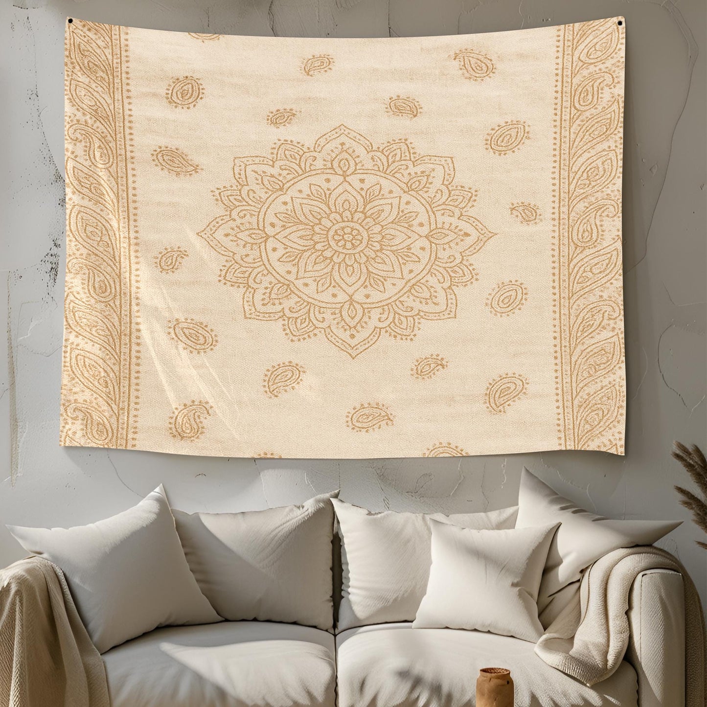 Minimalist Beige Mandala Tapestry – Elegant Boho Wall Hanging with Delicate Floral and Paisley Pattern, Soft Neutral Home Decor Accent