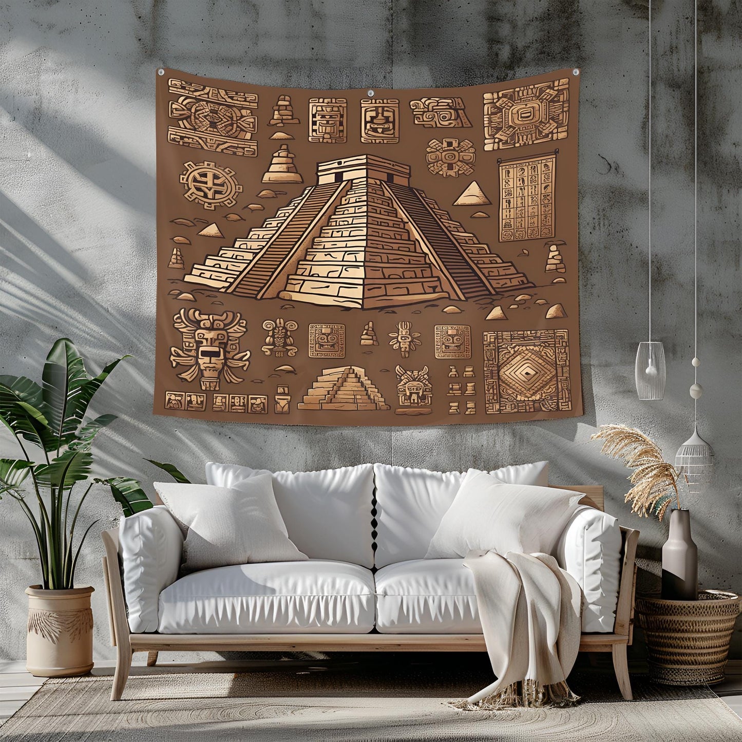 Seamless Mayan Tapestry with Pyramids, Calendar Symbols & Intricate Stone Carvings, Earthy Tones Ancient Mesoamerican Wall Art