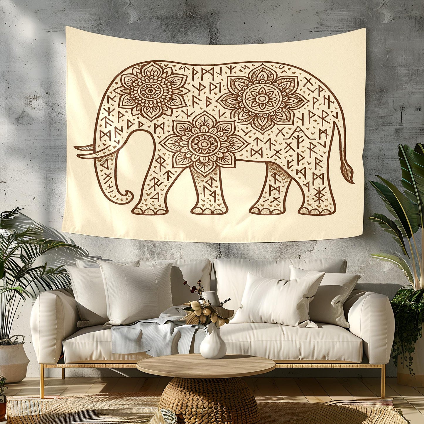 Mandala Elephant Wall Tapestry with Runes on Cream Background β Bohemian Boho Decor for Yoga Room, Bedroom, Meditation and Healing Space