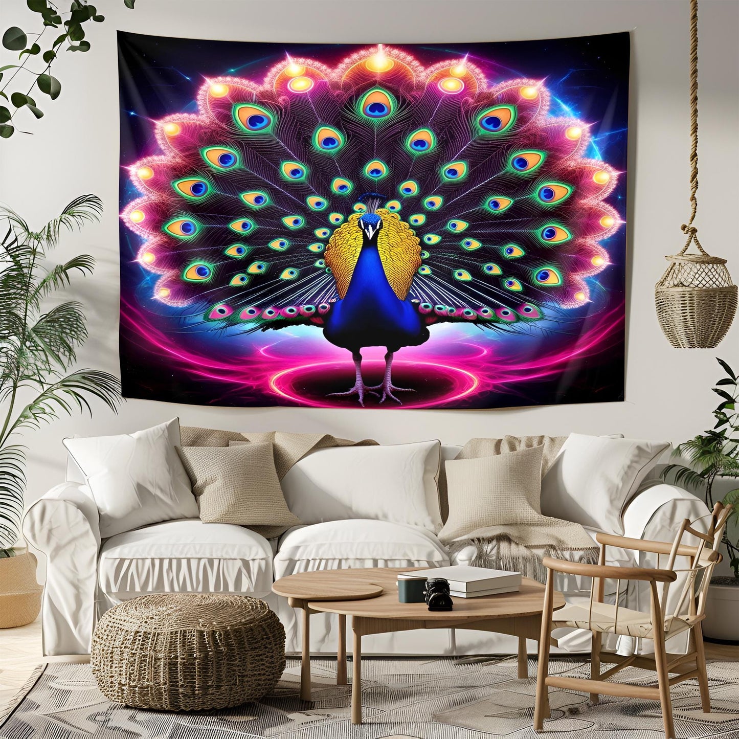 Majestic Neon Peacock Tapestry, Swirling Fractal Tail,Glowing Rainbow Eyes, Cosmic Aura & Psychedelic Color Explosion, Ultra-Detailed Art