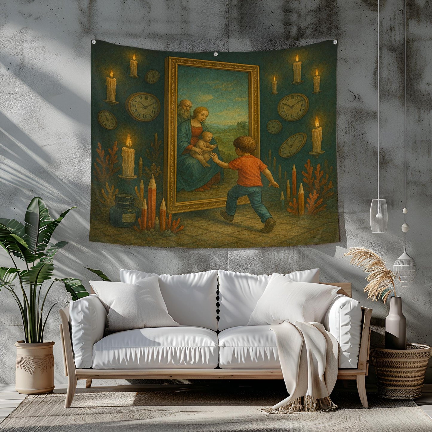 Child Stepping Through Mirror Into Renaissance Painting Tapestry, Floating Candles And Broken Clocks, Surreal Wall Art, Gift For Her
