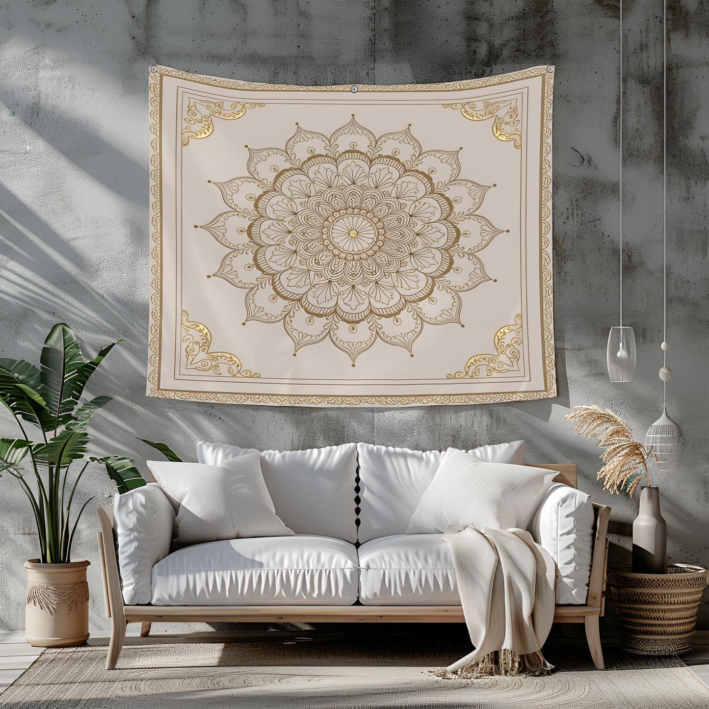 Symmetrical Indian Mandala Tapestry, Delicate Gold Filigree Details, Subtle Decorative Frame, Square Layout, Elegant Boho Wall Art
