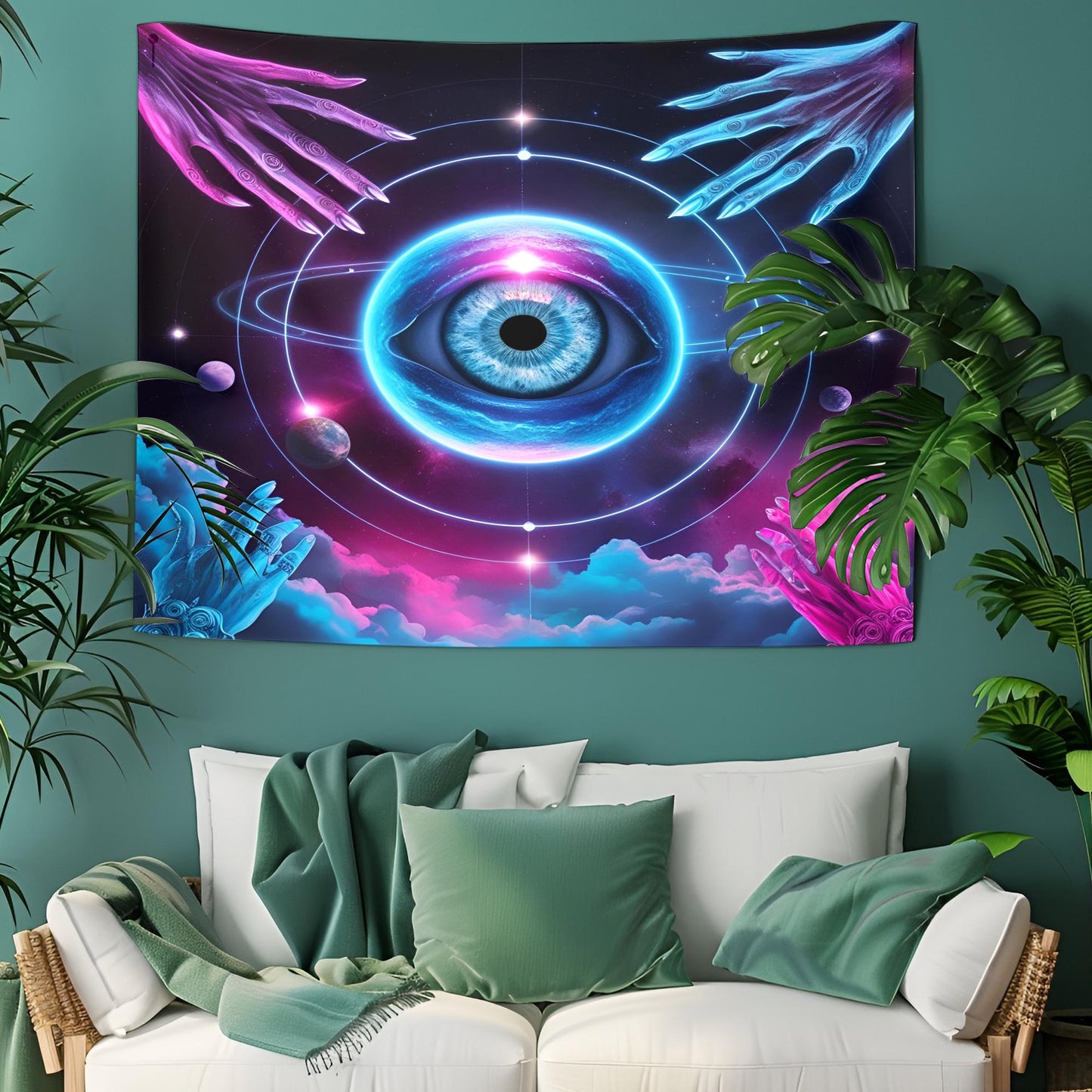 Celestial Eye Tapestry, Cosmic Vision Wall Art, Mystical Hands & Planetary Orbits, Neon Blue Pink Surreal Decor, Psychedelic Tapestry