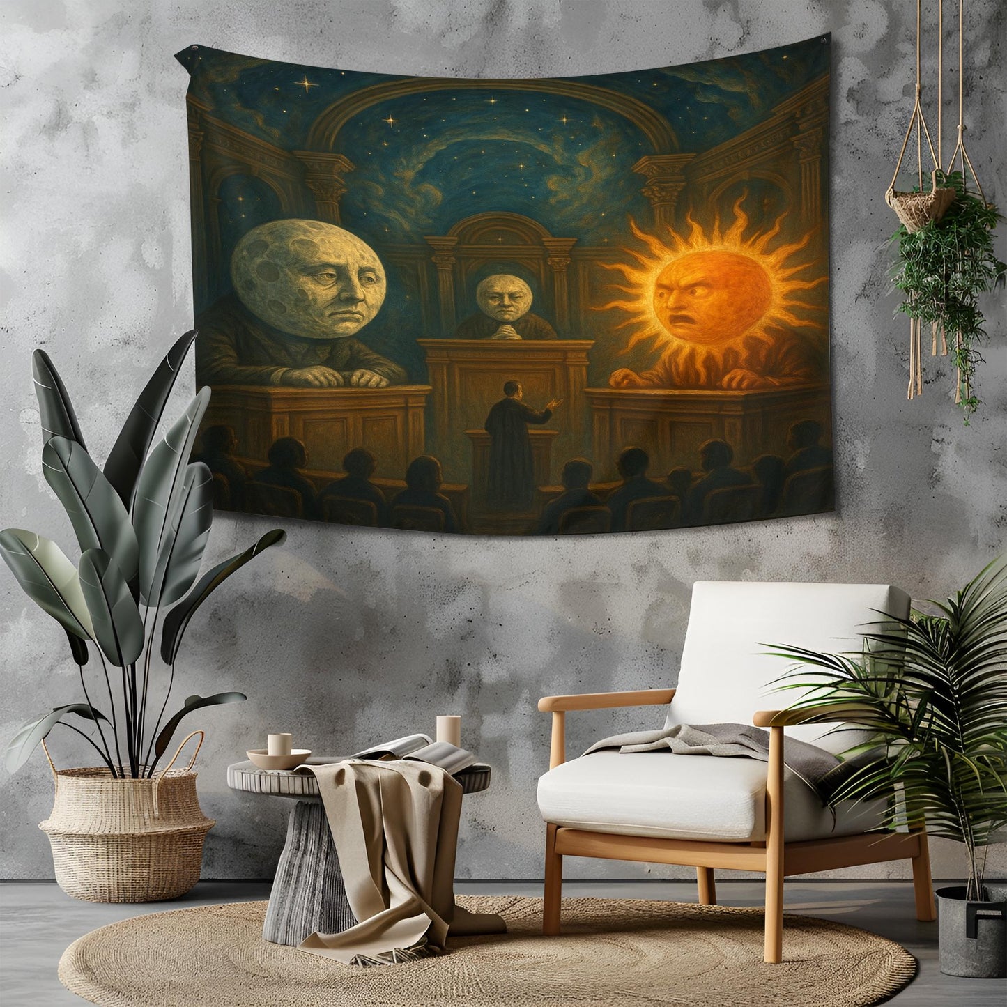 Sun And Moon Courtroom Tapestry, Surreal Cosmic Wall Art, Funny Outer Space Decor, Galaxy Trial Scene, Gift For Astronomy Or Art Lovers