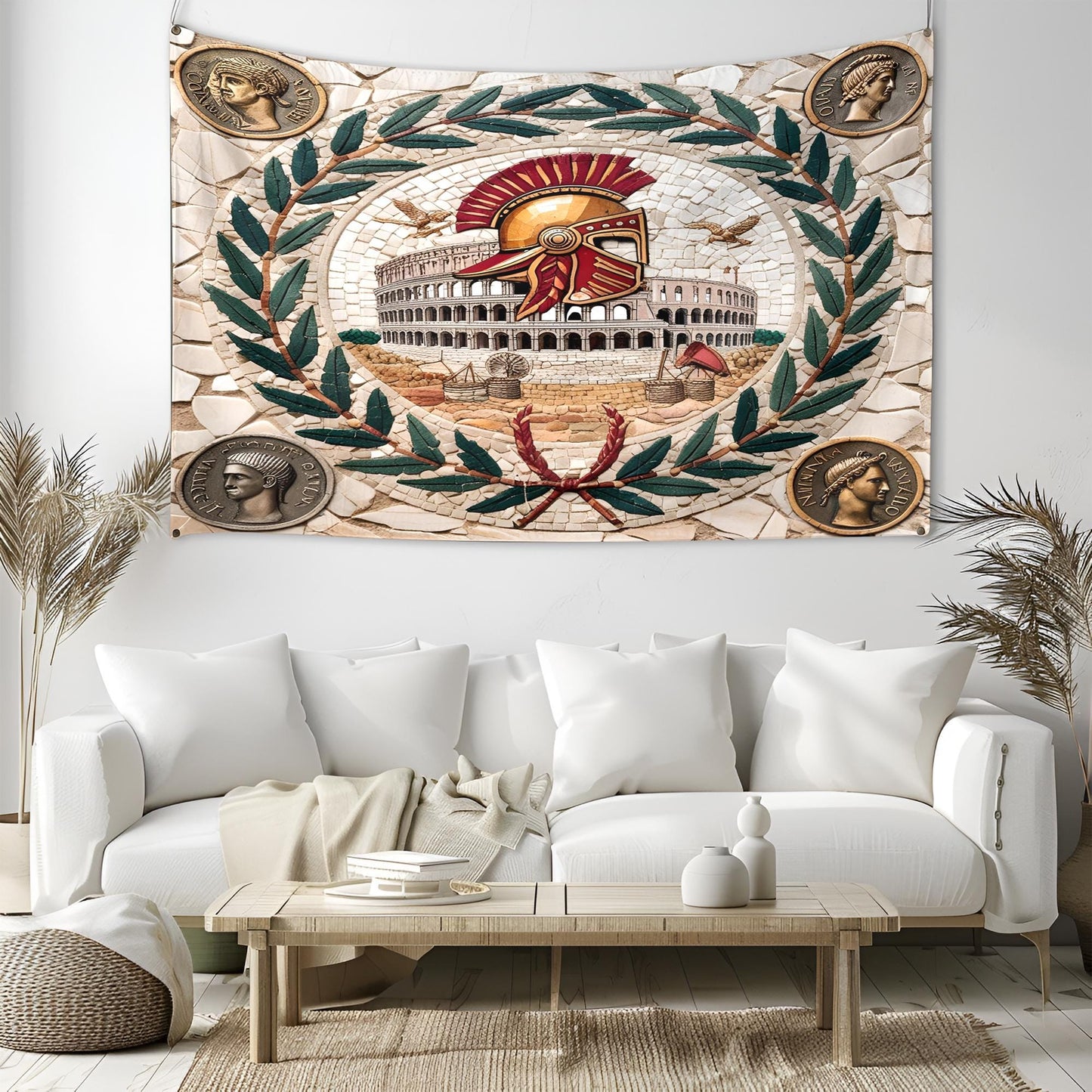 Roman Mosaic Tapestry with Gladiator Helmets, Laurel Wreaths, Colosseum & Ancient Coin Details, Marble Texture Classical Wall Art