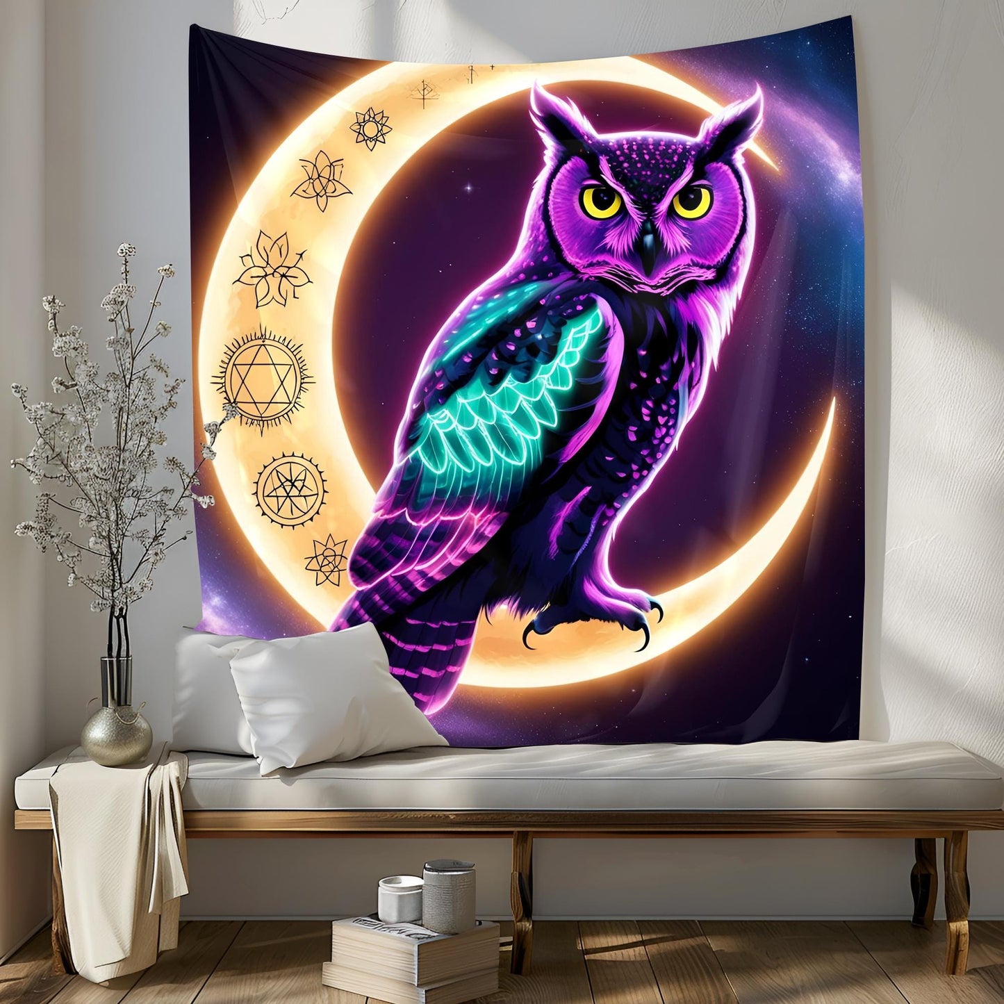 Neon Owl on Crescent Moon Tapestry, Glowing Feathers & Sacred Symbols, Celestial Cosmic Dust Wall Art,Trippy Tapestry, Psychdelic Decor