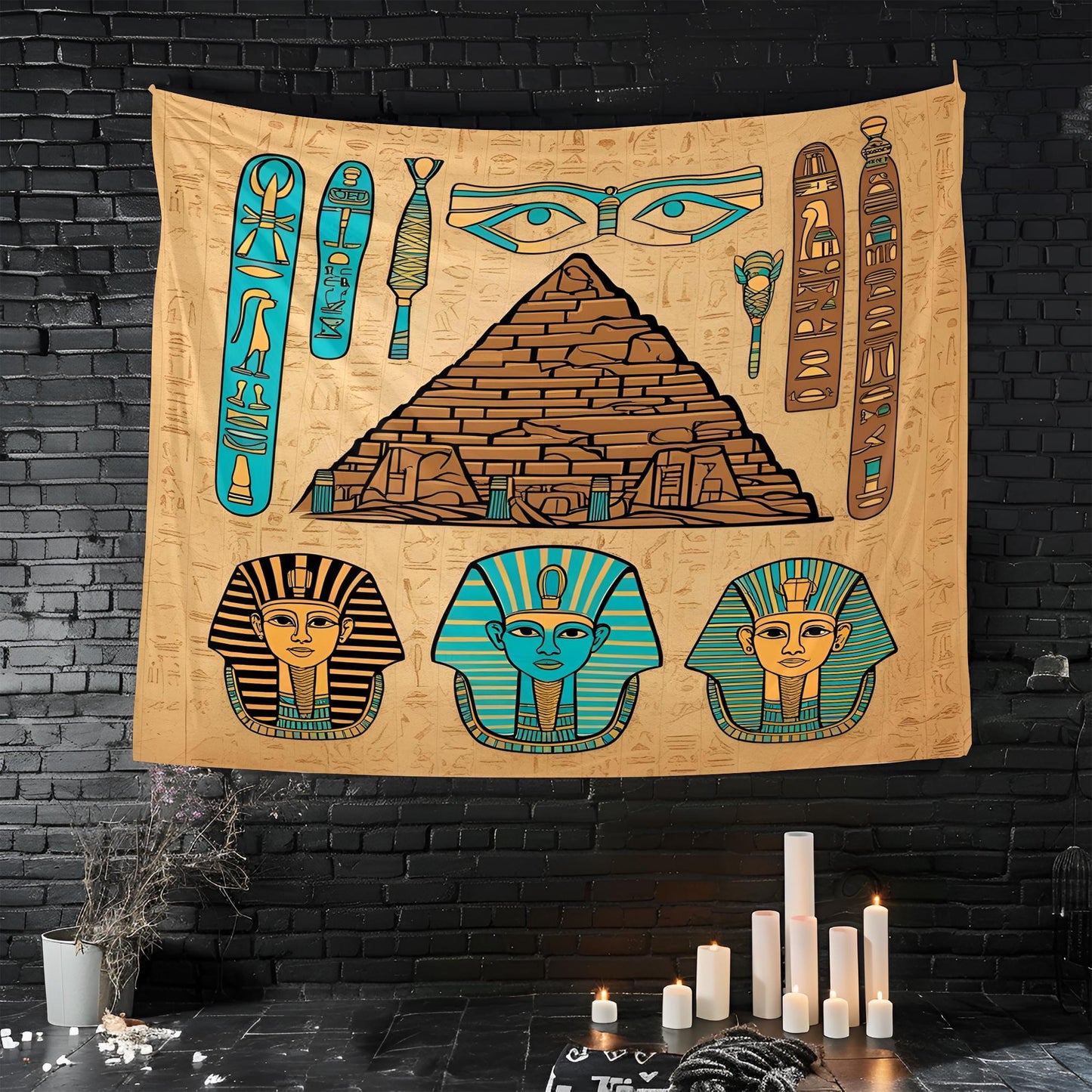 Egyptian Tapestry with Hieroglyphs, Pyramids & Pharaoh Masks, Golden Brown Turquoise Tones, Ancient Papyrus Texture Wall Art