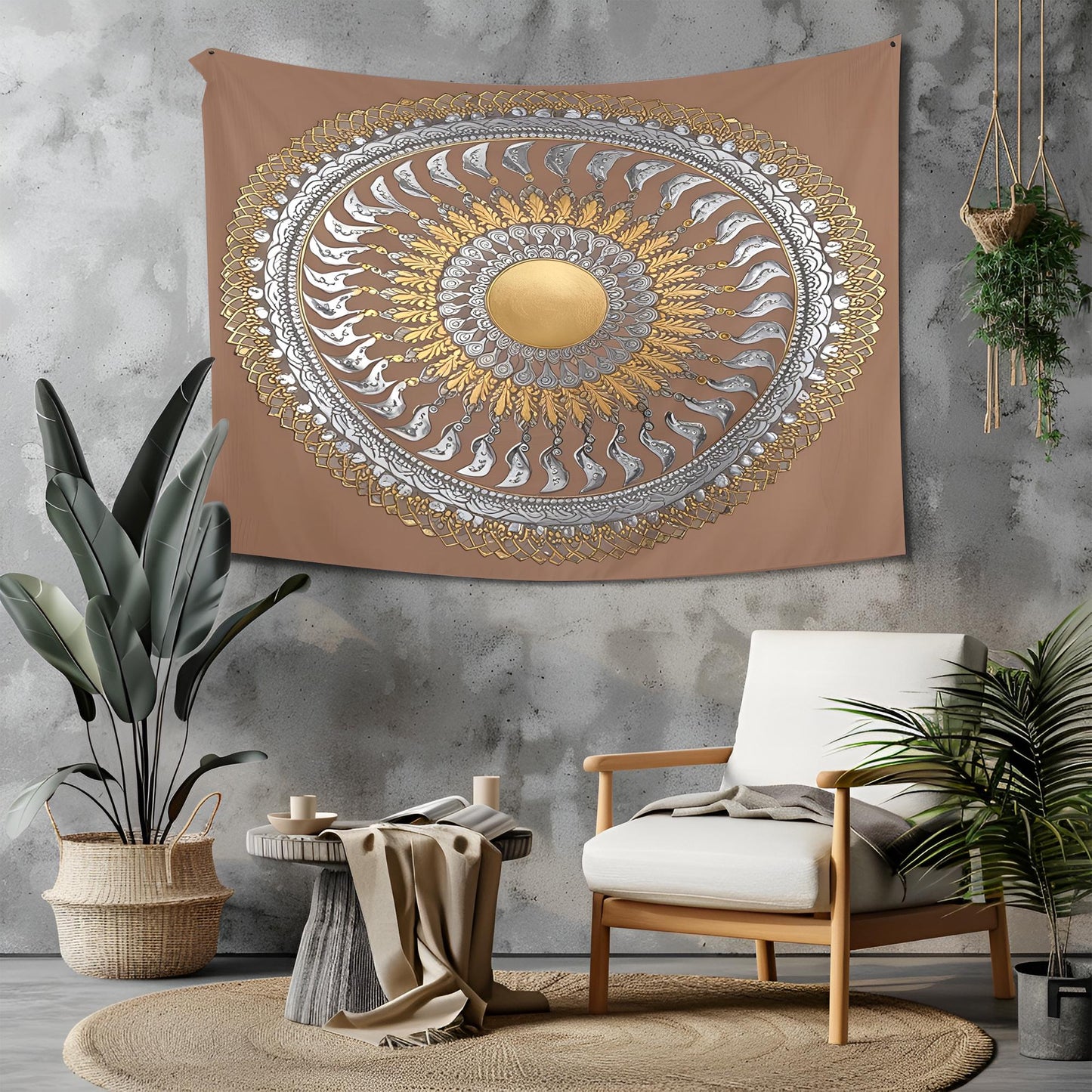 Mesmerizing Spiral Mandala Tapestry, Gold & Silver Accents, Perfectly Proportioned Radiating Design, Elegant Framed Geometric Wall Art