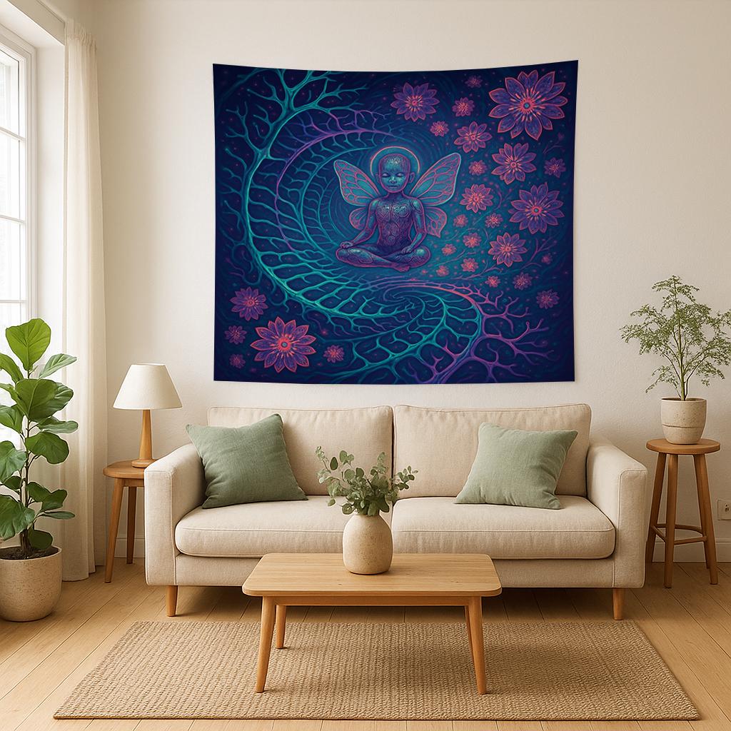 Fairy Child Tapestry – Psychedelic Meditating Kid Wall Art, Trippy Nature Spirit Decor, Mystical Flower Swirl Print, Spiritual Room Art