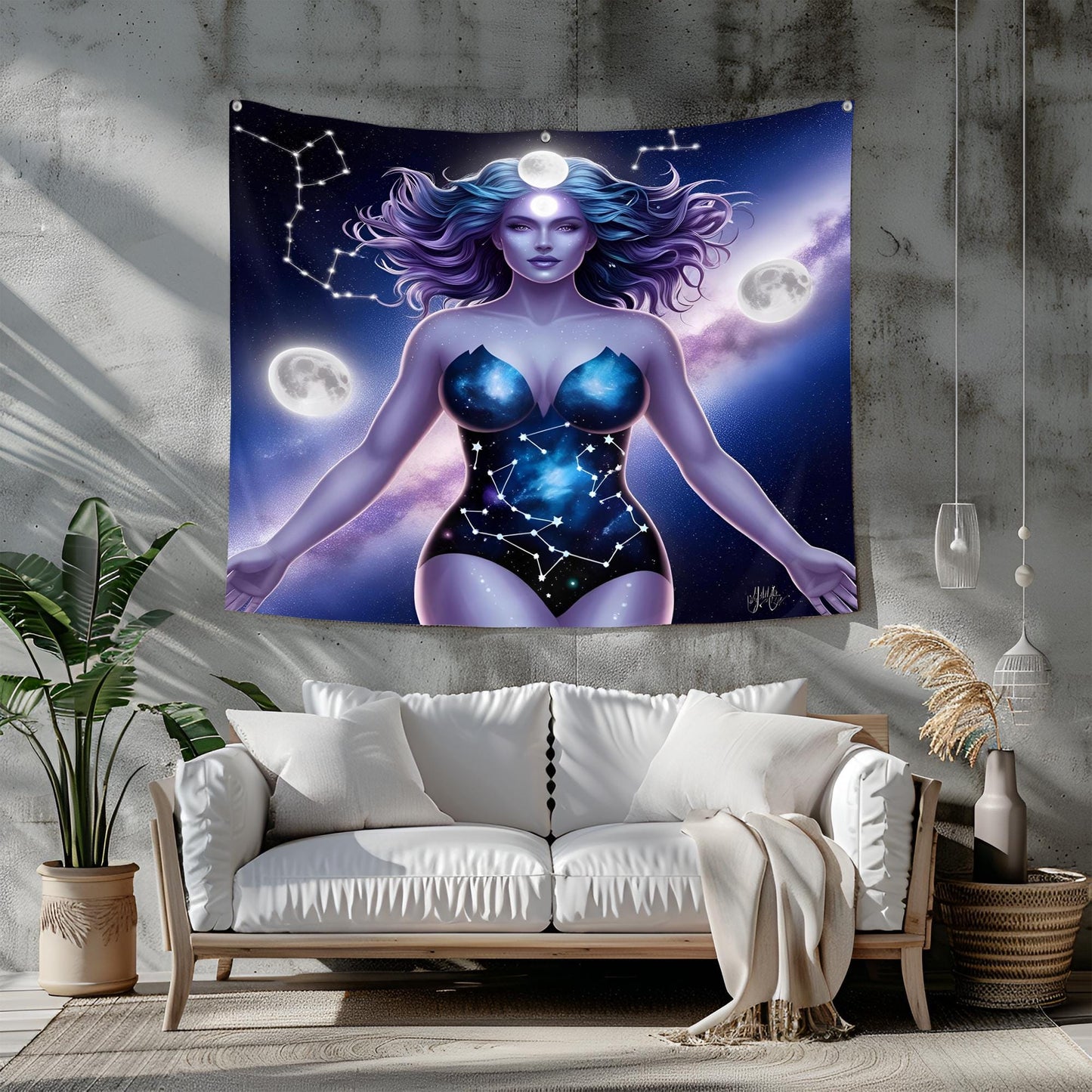 Cosmic Goddess Tapestry Full-Frame Design, Hair Blending into Galaxy, Constellations, Glowing Moons, Indigo Lavender Stardust Fantasy Art