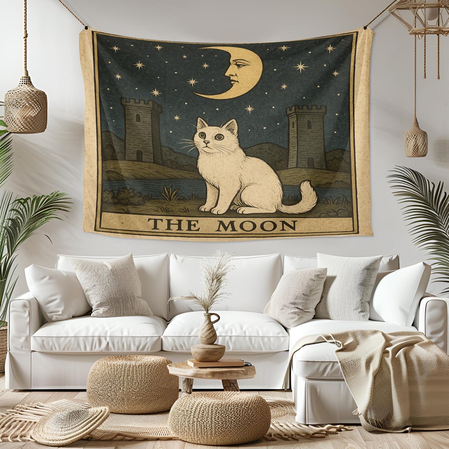 The Moon Cat Tapestry – Tarot Style Wall Art, Mystical Cat Wall Hanging, Celestial Gothic Decor for Bedroom or Meditation Space