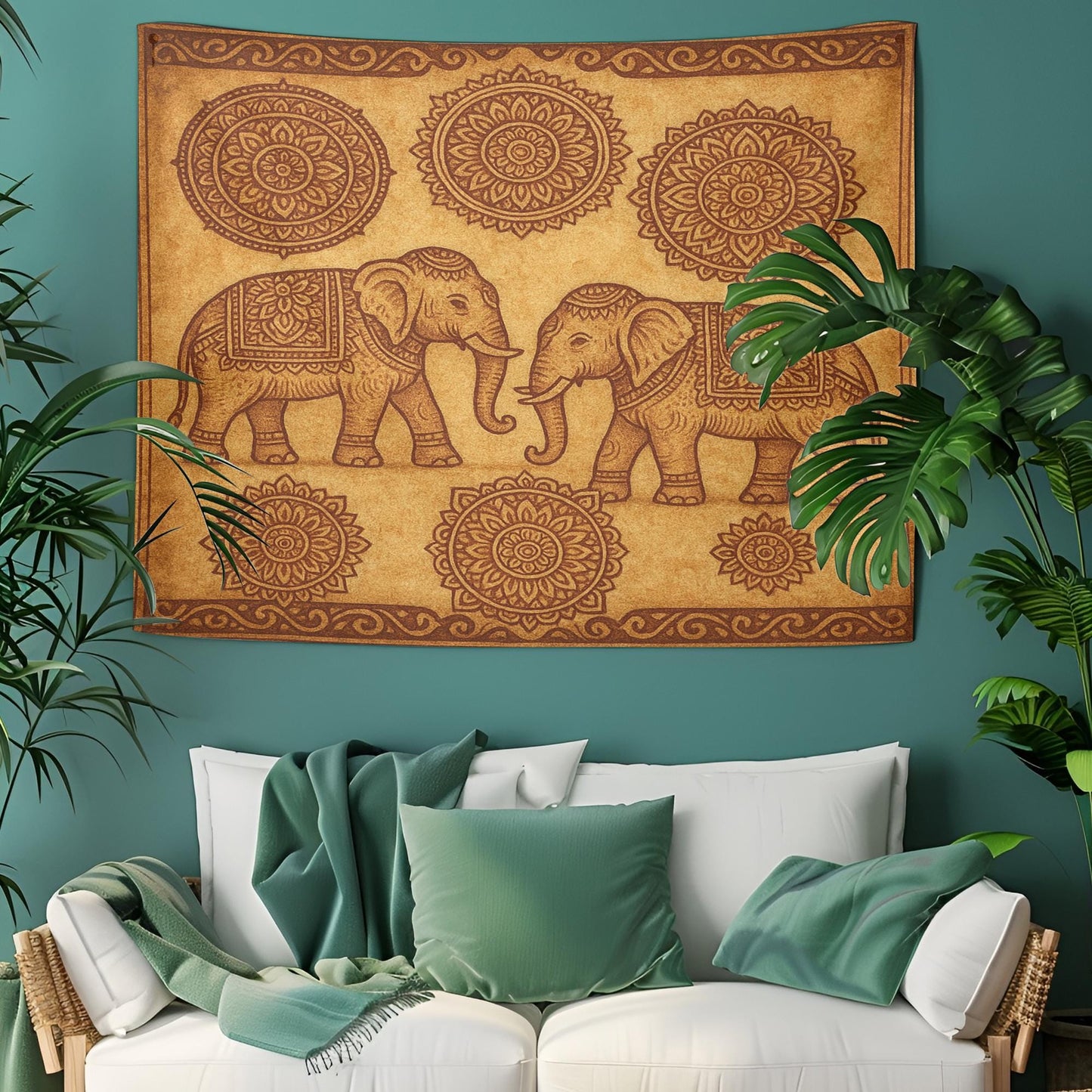 Twin Elephant Boho Wall Tapestry β Beige Mandala Tapestry with Sacred Elephant Pair and Tribal Floral Circle Accents for Zen Decor