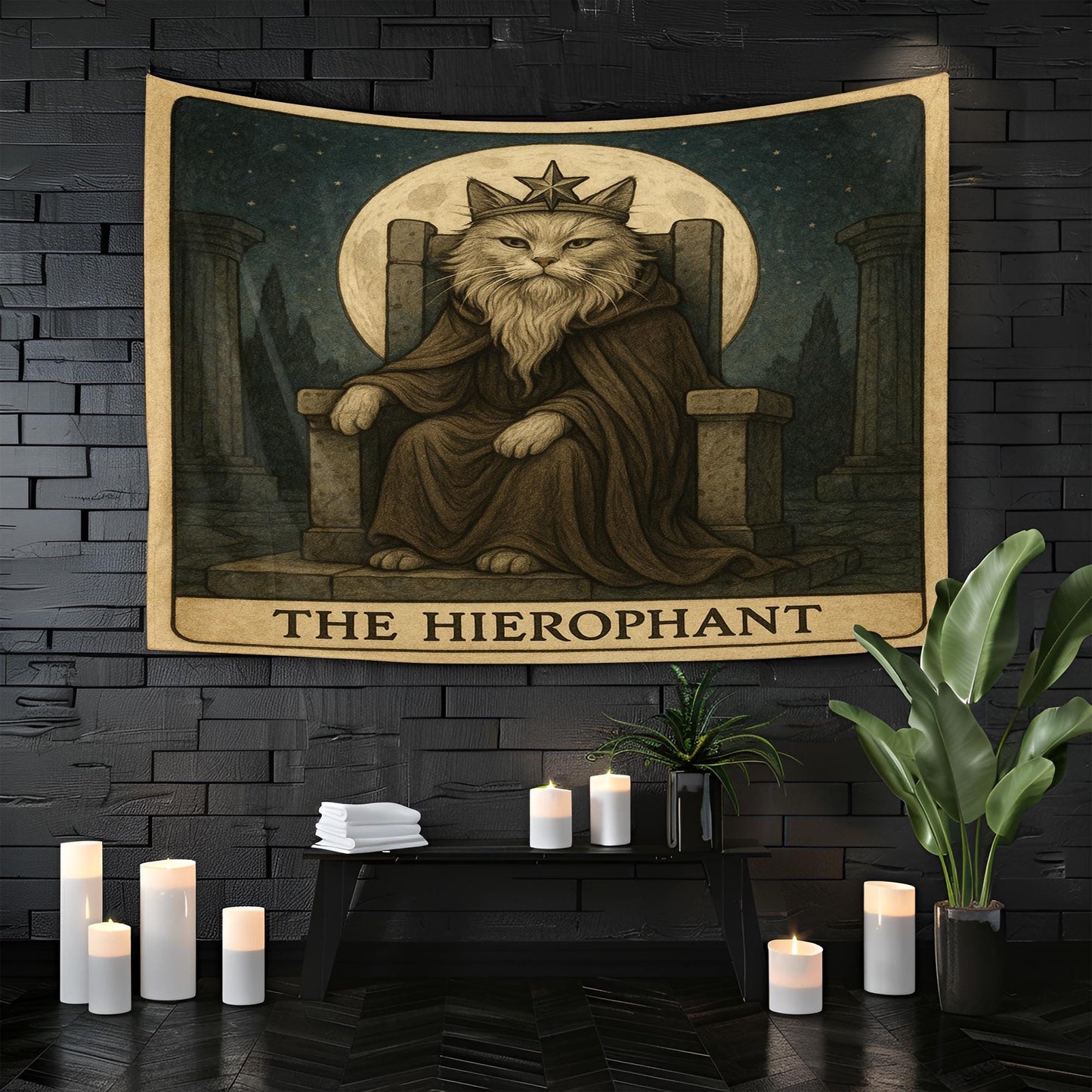 The Hierophant Cat Tapestry – Tarot Priest Cat Wall Art, Mystical Occult Decor, Gothic Spiritual Tapestry for Bedroom or Altar Space