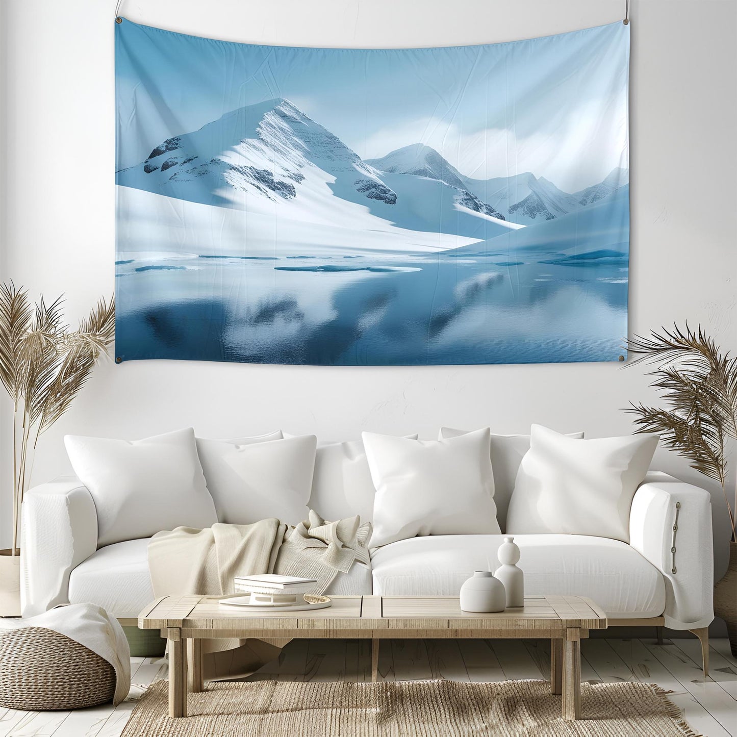 Snow-Covered Mountain Peaks Tapestry, Cool Blue Tones with Misty Softened Edges, Icy Reflections, Minimalist & Stylized Landscape Art