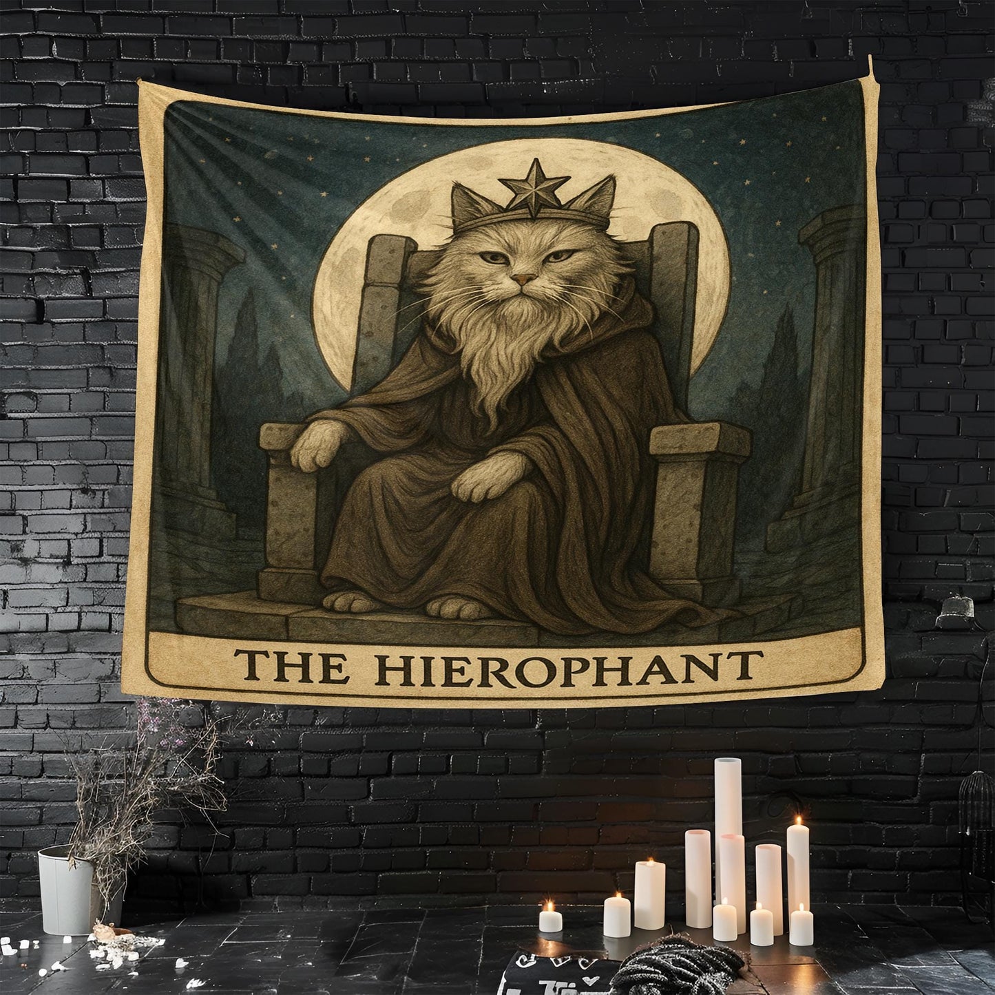 The Hierophant Cat Tapestry – Tarot Priest Cat Wall Art, Mystical Occult Decor, Gothic Spiritual Tapestry for Bedroom or Altar Space