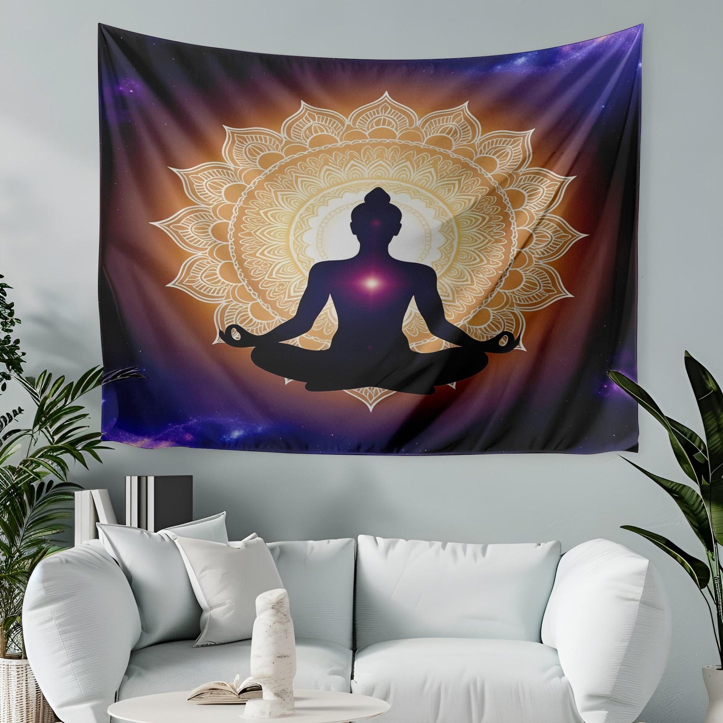 Meditating Silhouette Mandala Tapestry, Cosmic Gradient Wall Art, Indigo Violet Gold Decor, Spiritual Enlightenment Design