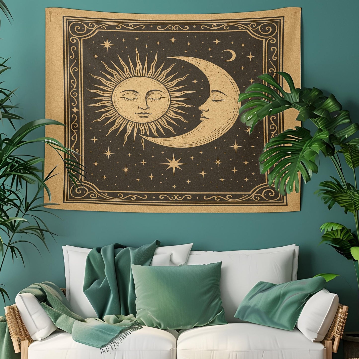Vintage Celestial Sun and Moon Tapestry Wall Hanging β Boho Cosmic Wall Art with Stars and Retro Astrology-Inspired Space Design