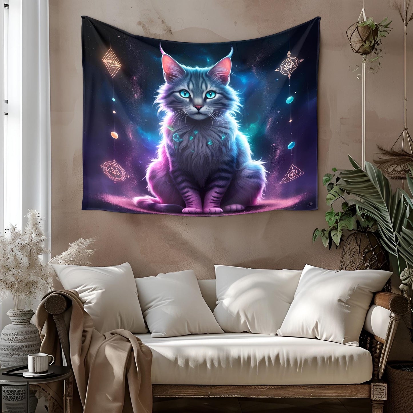 Mystical Three-Eyed Cat Tapestry, Neon Glowing Fur Art, Sacred Symbols & Cosmic Dreamscape, Trippy Psychedelic Decor , Cat Psychedelic