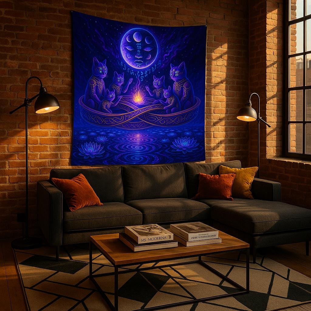Mystic Cat Tapestry – Trippy Cosmic Cats Wall Art, Spiritual Fire Circle Decor, Celestial Feline Tapestry, Psychedelic Moonlit Scene