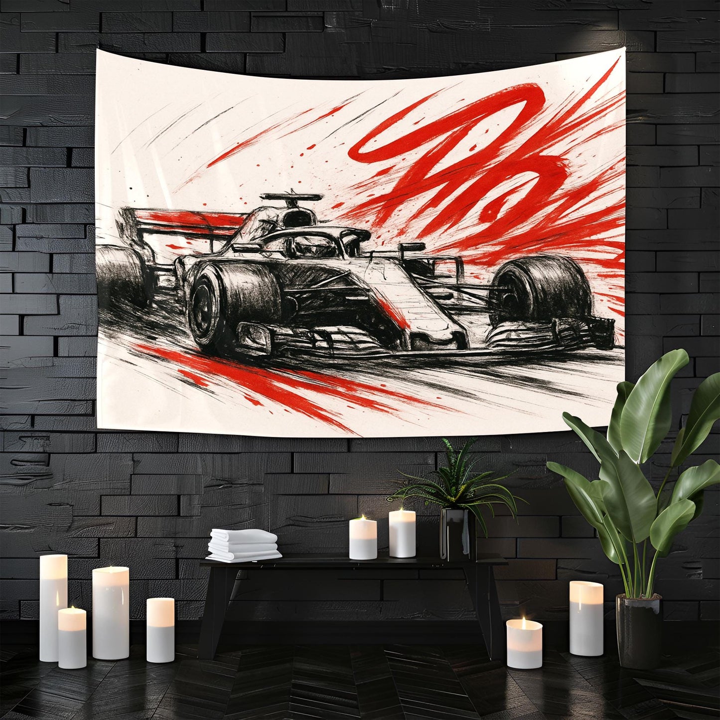 Formula 1 Racing Sketch Tapestry, Red & Black F1 Car Wall Art, Speed Decor for Car Lovers, Motorsport Man Cave Gift, Dynamic Auto Print