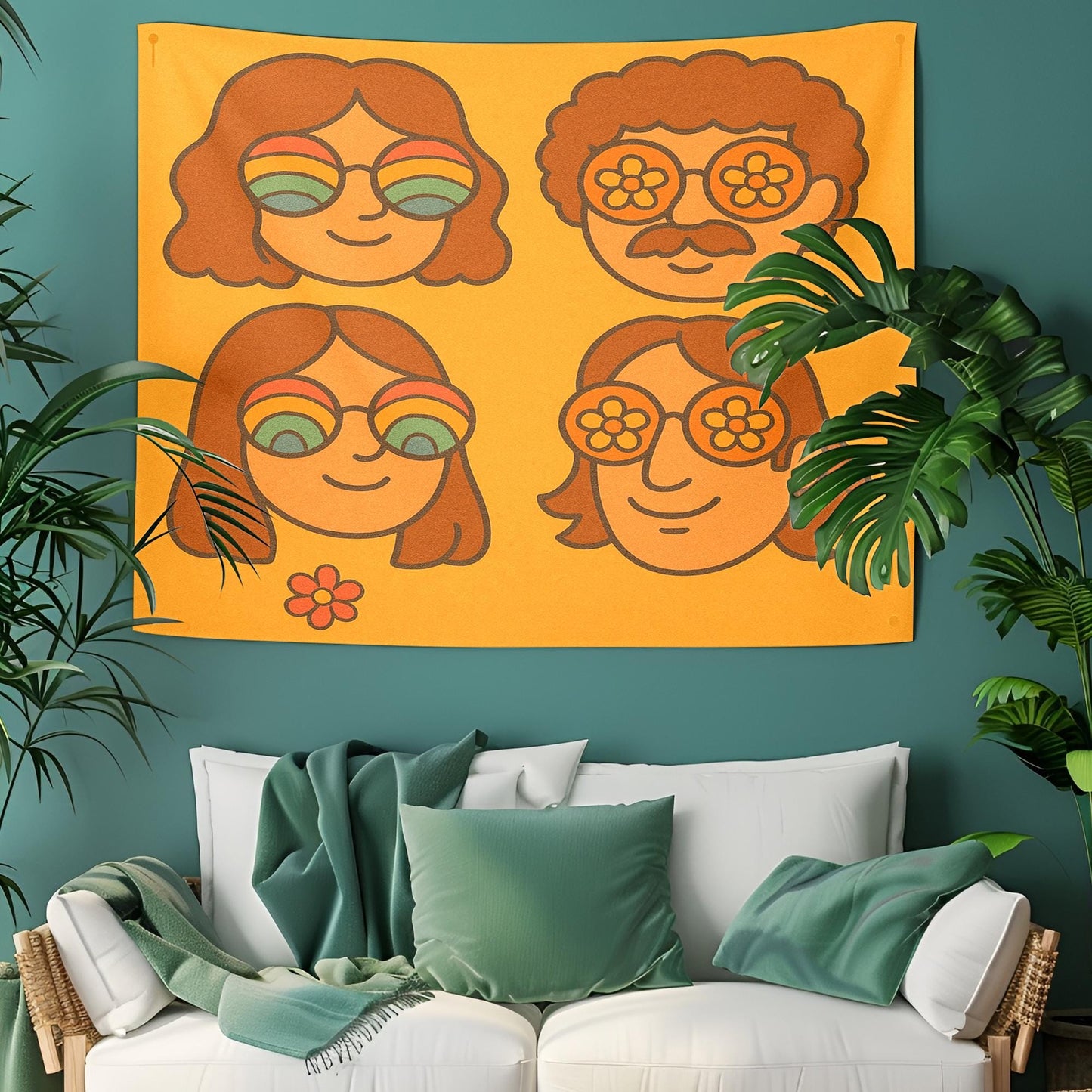 Retro Faces Tapestry With Rainbow Sunglasses, 70s Hand Drawn Cartoon Style, Warm Minimal Background, Groovy Wall Art, Gift For Her