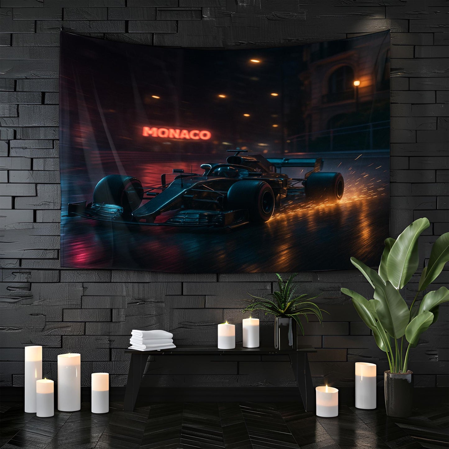 Monaco F1 Tapestry, Night Racing Car Wall Art, Formula 1 Motorsport Decor, Speed Lover Gift, Grand Prix Room Banner, Auto Man Cave Art