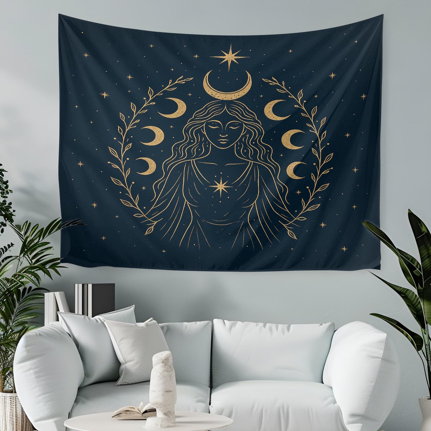 Divine Feminine Moon Goddess Tapestry in Gold on Midnight Black β Boho Spiritual Wall Art for Witchy Decor and Celestial Interiors