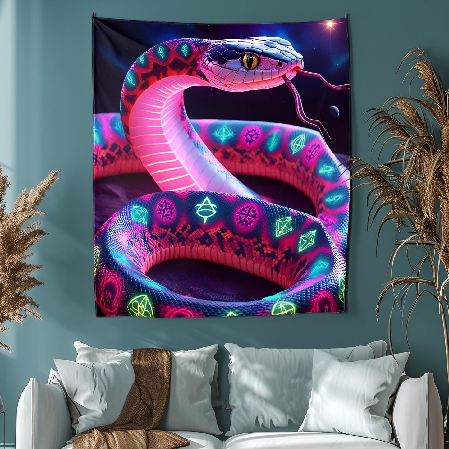 Psychedelic Neon Snake Tapestry, Shifting Fractal Patterns & Sacred Symbols, Cosmic Serpent Wall Art, Glowing Trippy Decor, Tapestry Trippy
