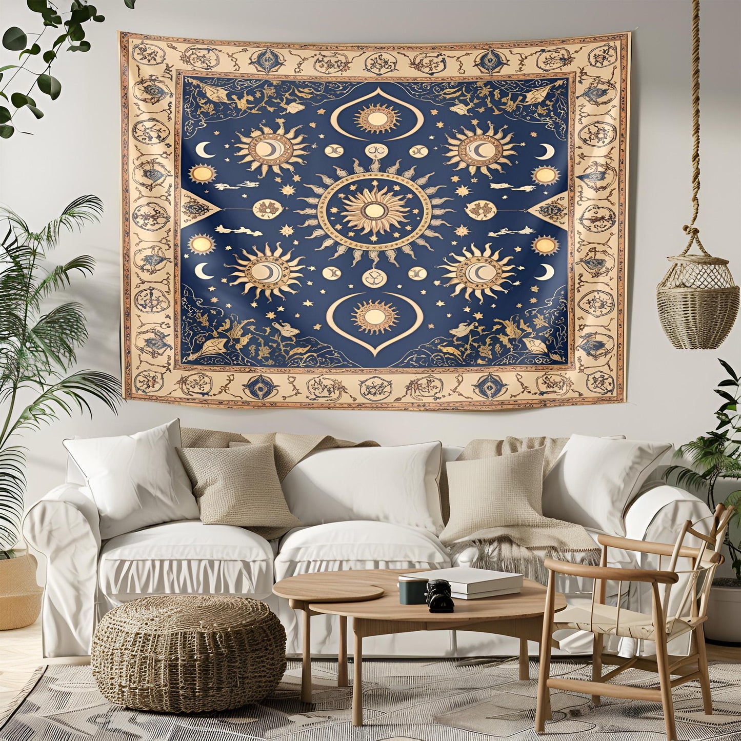 Celestial Sun & Moon Tapestry, Mystical Anatolian Wall Hanging, Deep Blue Beige Gold Decor, Ancient Sacred Patterns , Tapestry For Room
