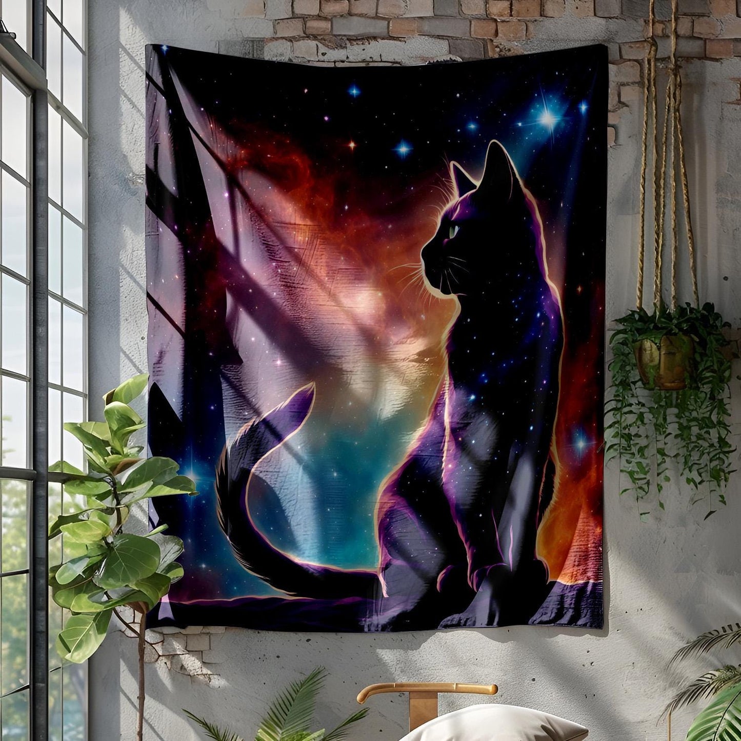 Galactic Cat Tapestry - Cosmic Nebula Kitty Wall Hanging - Mystical Celestial Decor - Space Themed Cat Art - Astrology Zodiac Wall Tapestry