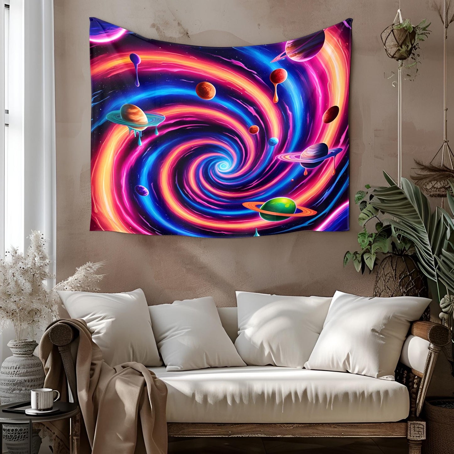 Neon Spiral Galaxy Tapestry, Trippy Cosmic Wormhole Art, Dripping Space Liquids, Vibrant Electric Planet Decor, Psychedelic Tapestry