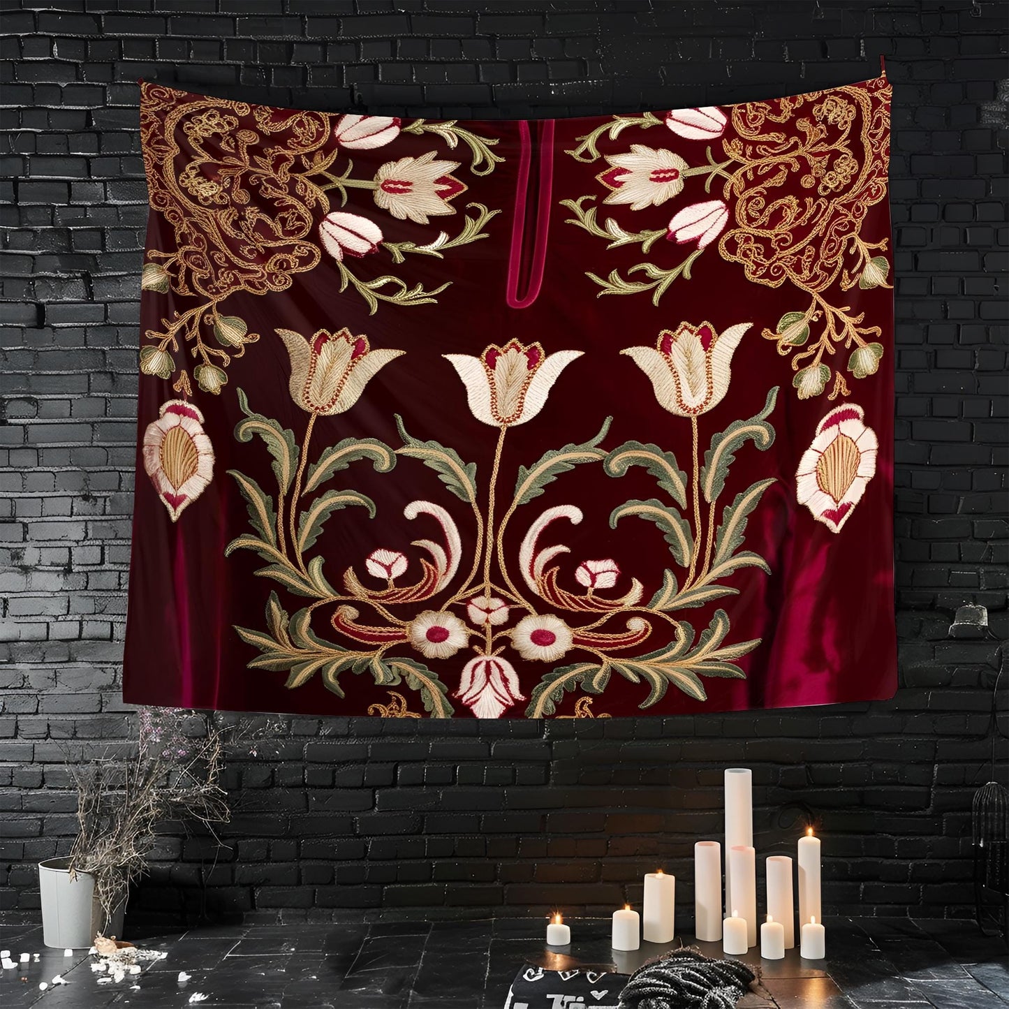 Ottoman Kaftan Embroidery Tapestry, Intricate Tulip Motifs & Golden Arabesques on Rich Velvet Textures, Luxurious Traditional Wall Art