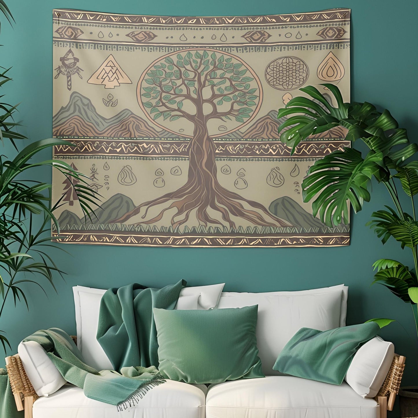 Shamanistic Tree of Life Tapestry, Spiritual Symbol Wall Art, Earthy Green Muted Brown Decor, Nomadic Mountain Water Motifs, Room Tapestry