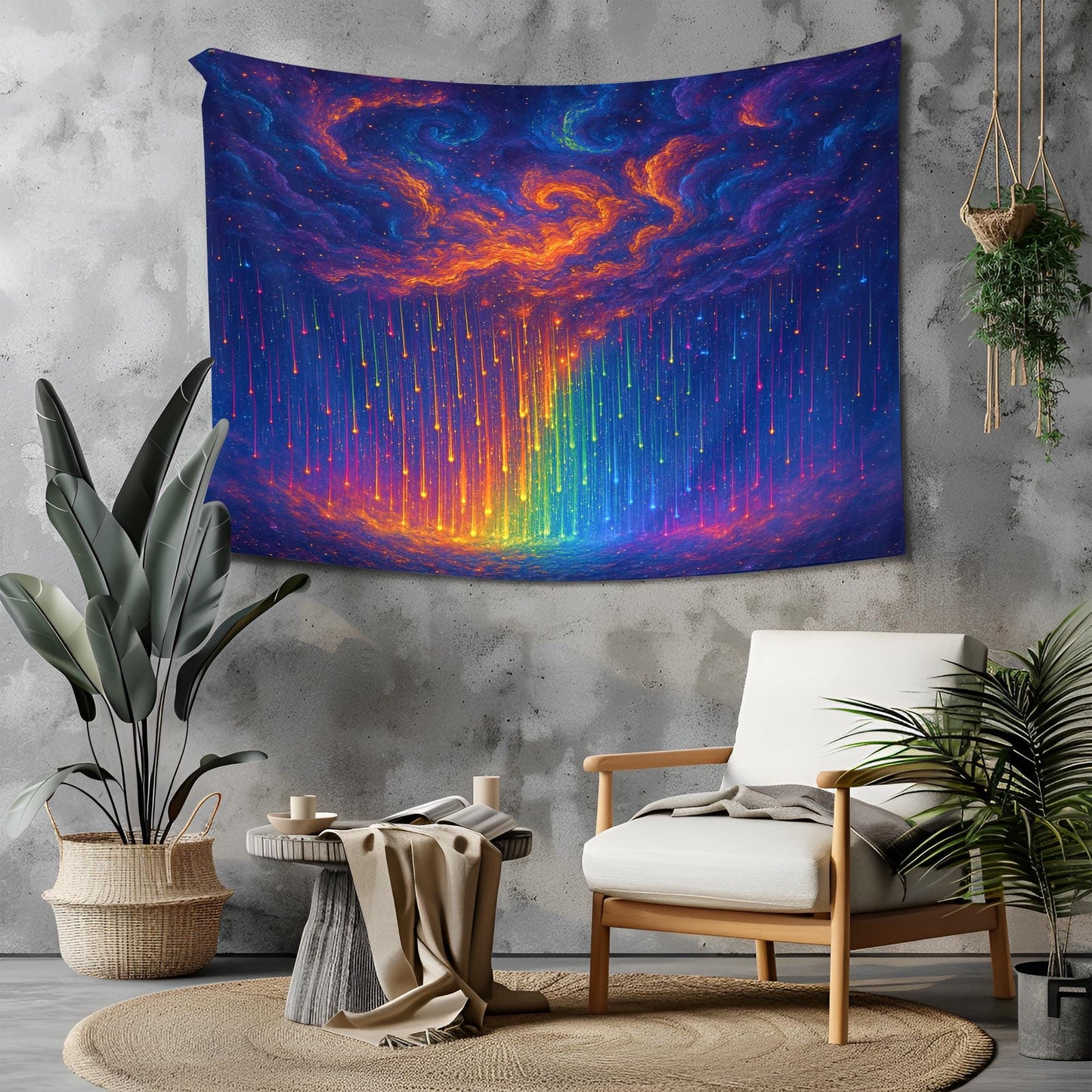 Cosmic Storm Tapestry with Glowing Rainbow Rain and Swirling Nebulae in a Surreal Dreamlike Atmosphere with Trippy Mesmerizing Effect