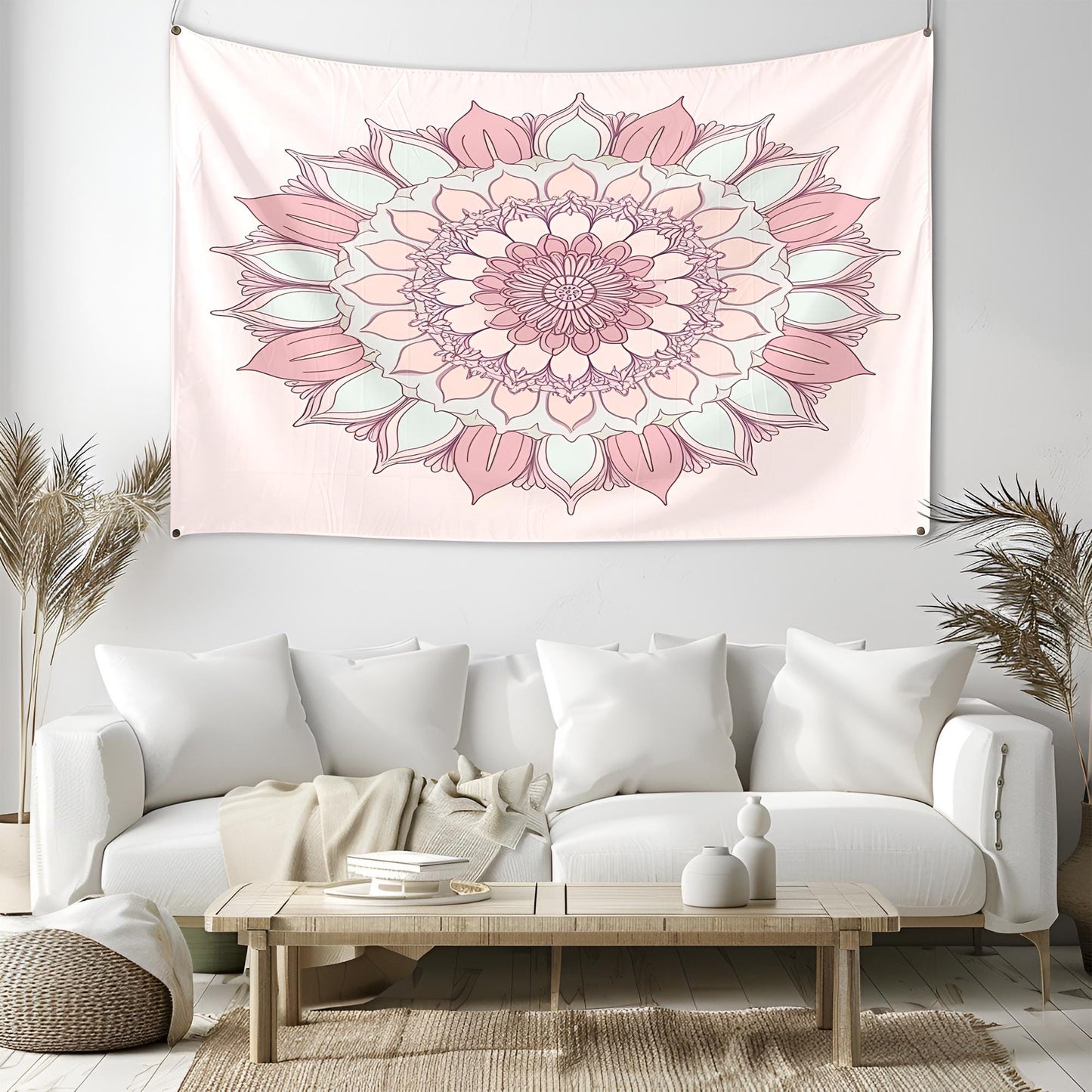 Delicate Floral Mandala Tapestry, Symmetrical Lotus Petals & Soft Pastel Tones, Calming Aesthetic with Intricate Botanical Patterns
