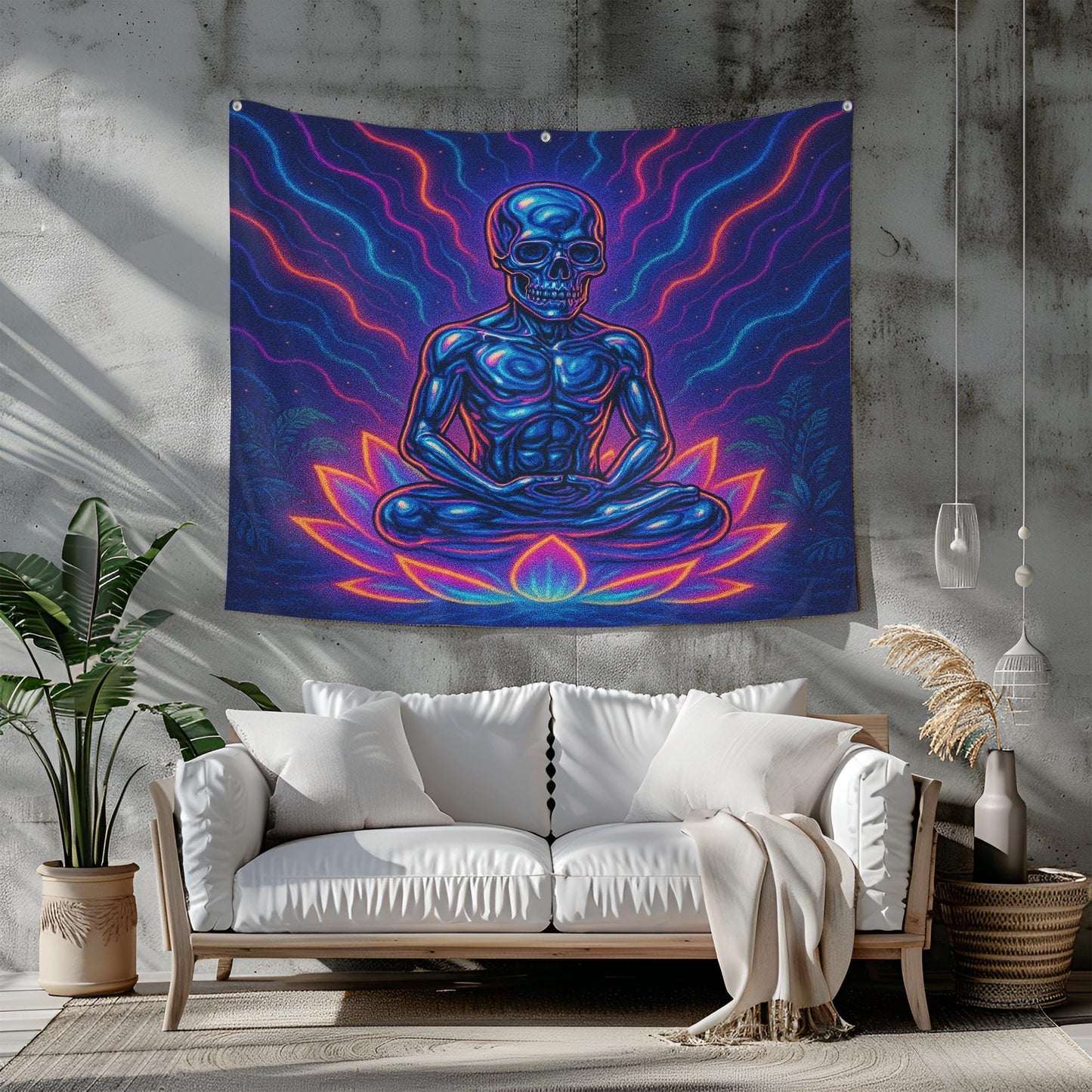 Psychedelic Skeleton Meditation Tapestry, Trippy Skull Wall Art, Cosmic Yoga Decor For Dorm Or Studio, Spiritual Gift For Him Or Her