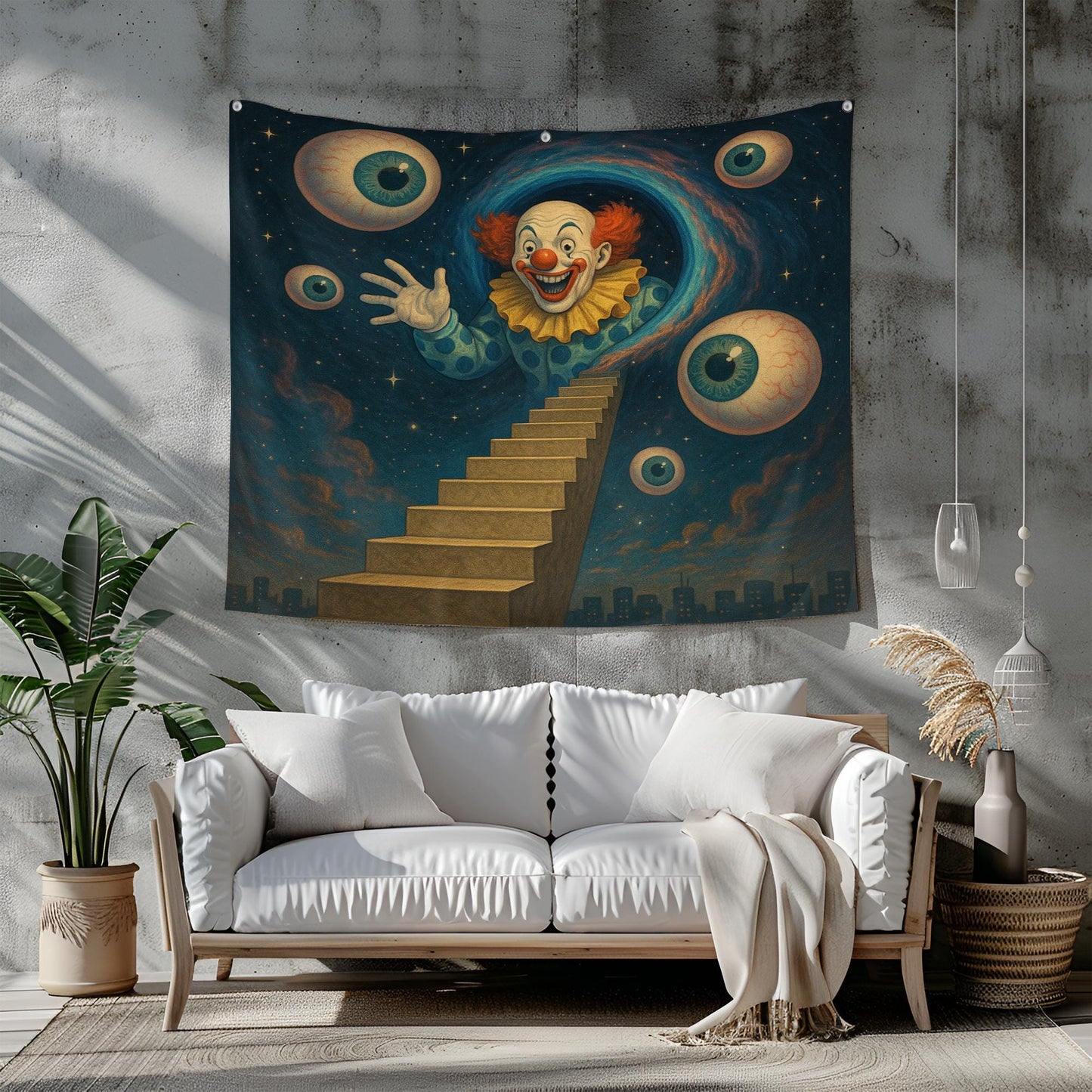 Staircase To Stars Tapestry With Clown Emerging From Wormhole And Orbiting Eyeballs, Surreal Psychedelic Wall Art, Gift For Him Or Her